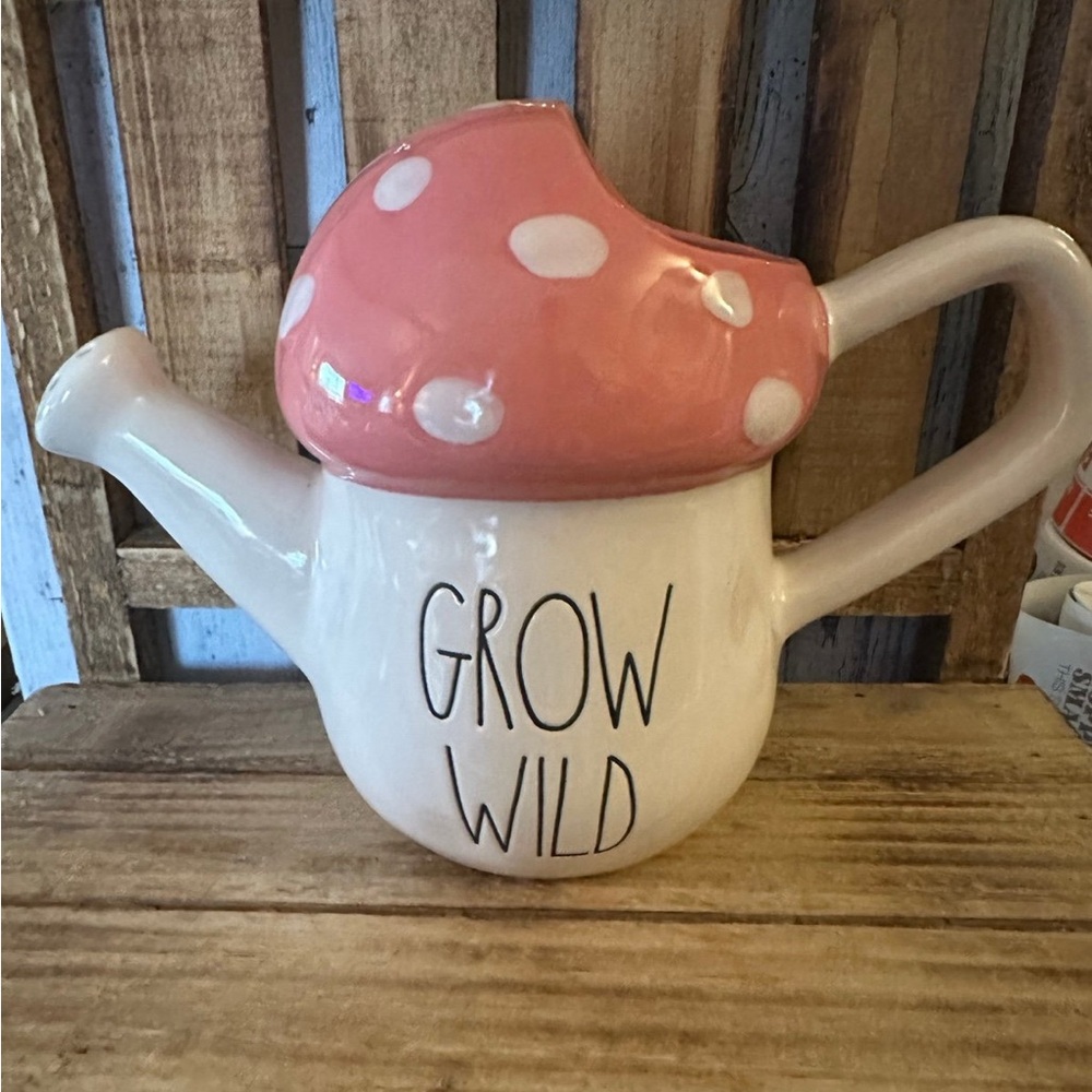 Rae Dunn “Grow Wild” Pink Mushroom Ceramic Watering Can Planter Spring Decor